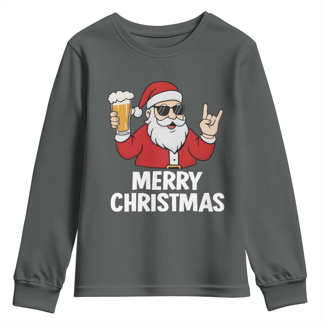 Merry Christmas Funny Santa Drinking Beer Youth Sweatshirt TS10 Dark Heather Print Your Wear