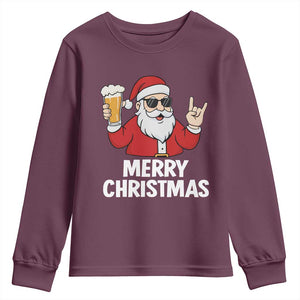 Merry Christmas Funny Santa Drinking Beer Youth Sweatshirt TS10 Maroon Print Your Wear