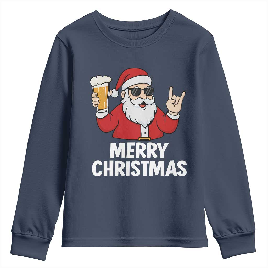 Merry Christmas Funny Santa Drinking Beer Youth Sweatshirt TS10 Navy Print Your Wear