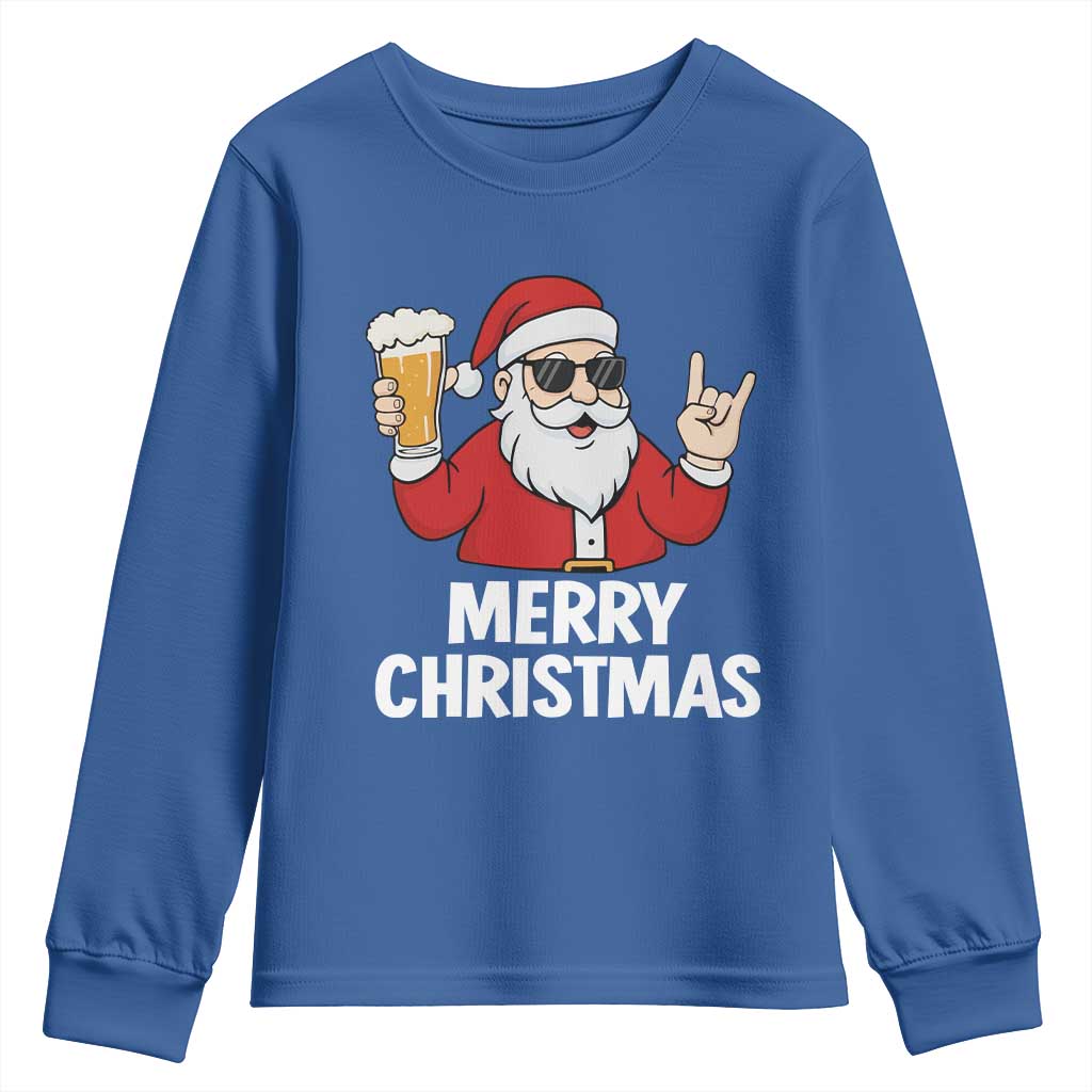 Merry Christmas Funny Santa Drinking Beer Youth Sweatshirt TS10 Royal Blue Print Your Wear