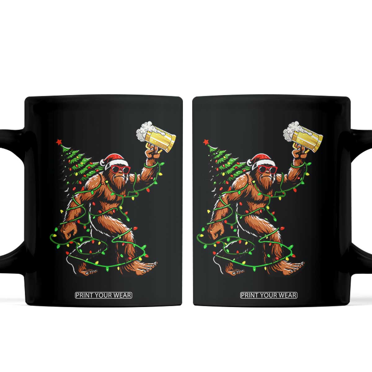 Santa Bigfoot Christmas Tree Coffee Mug Xmas Lights Funny Sasquatch Beer TS10 Black Print Your Wear