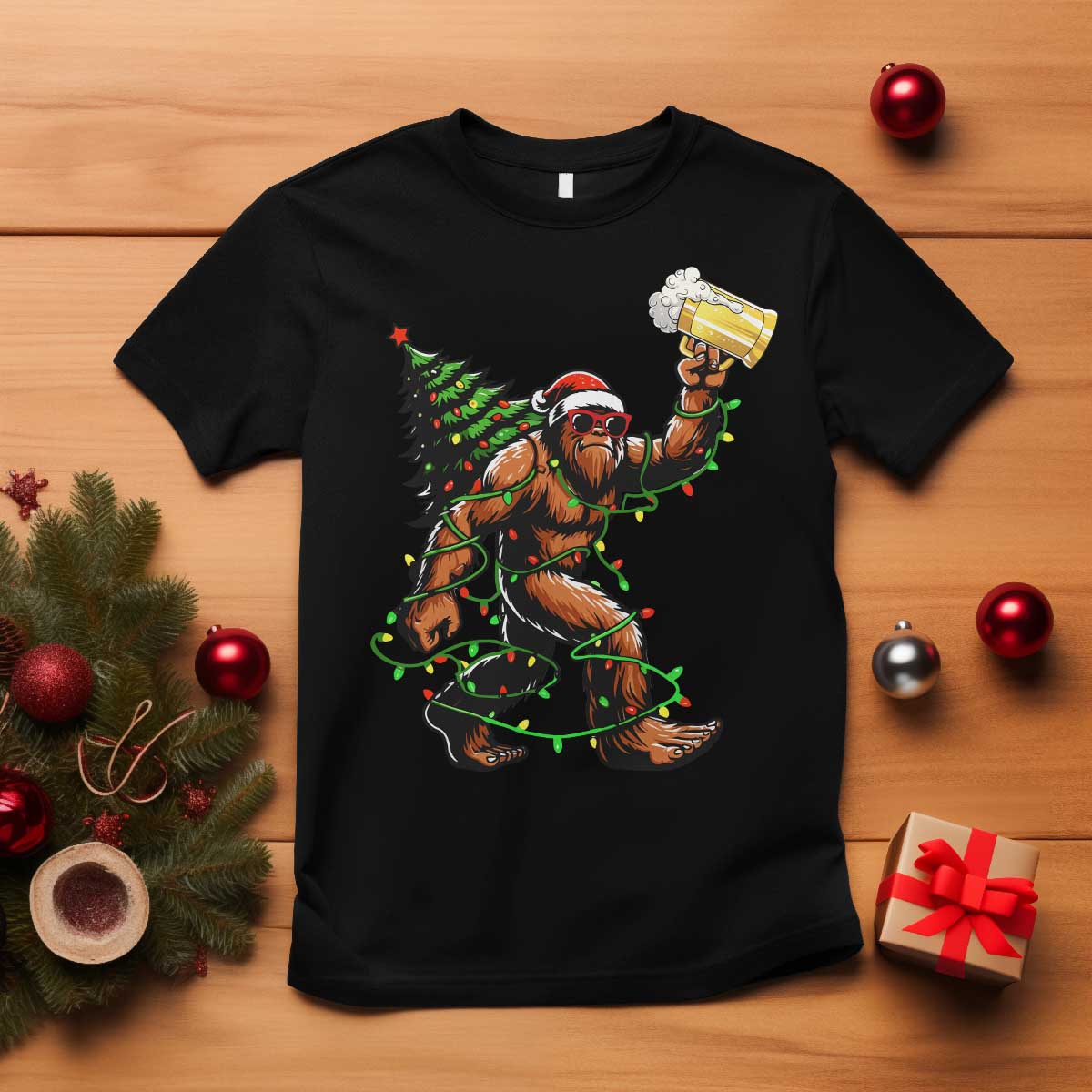 Santa Bigfoot Christmas Tree T Shirt Xmas Lights Funny Sasquatch Beer TS10 Black Print Your Wear