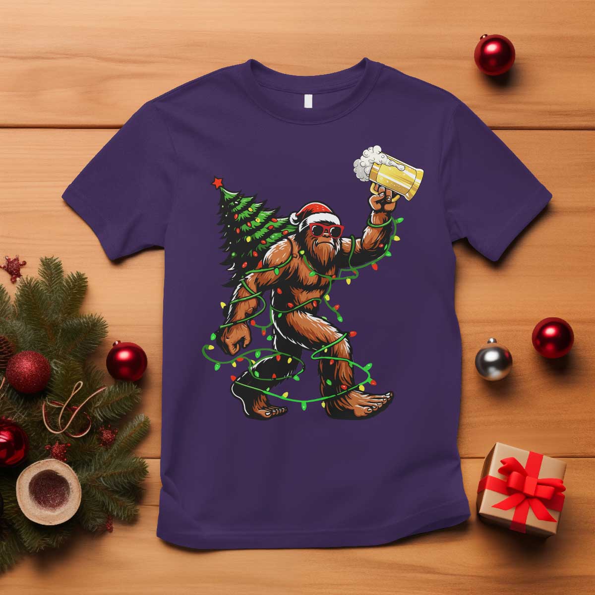 Santa Bigfoot Christmas Tree T Shirt Xmas Lights Funny Sasquatch Beer TS10 Purple Print Your Wear