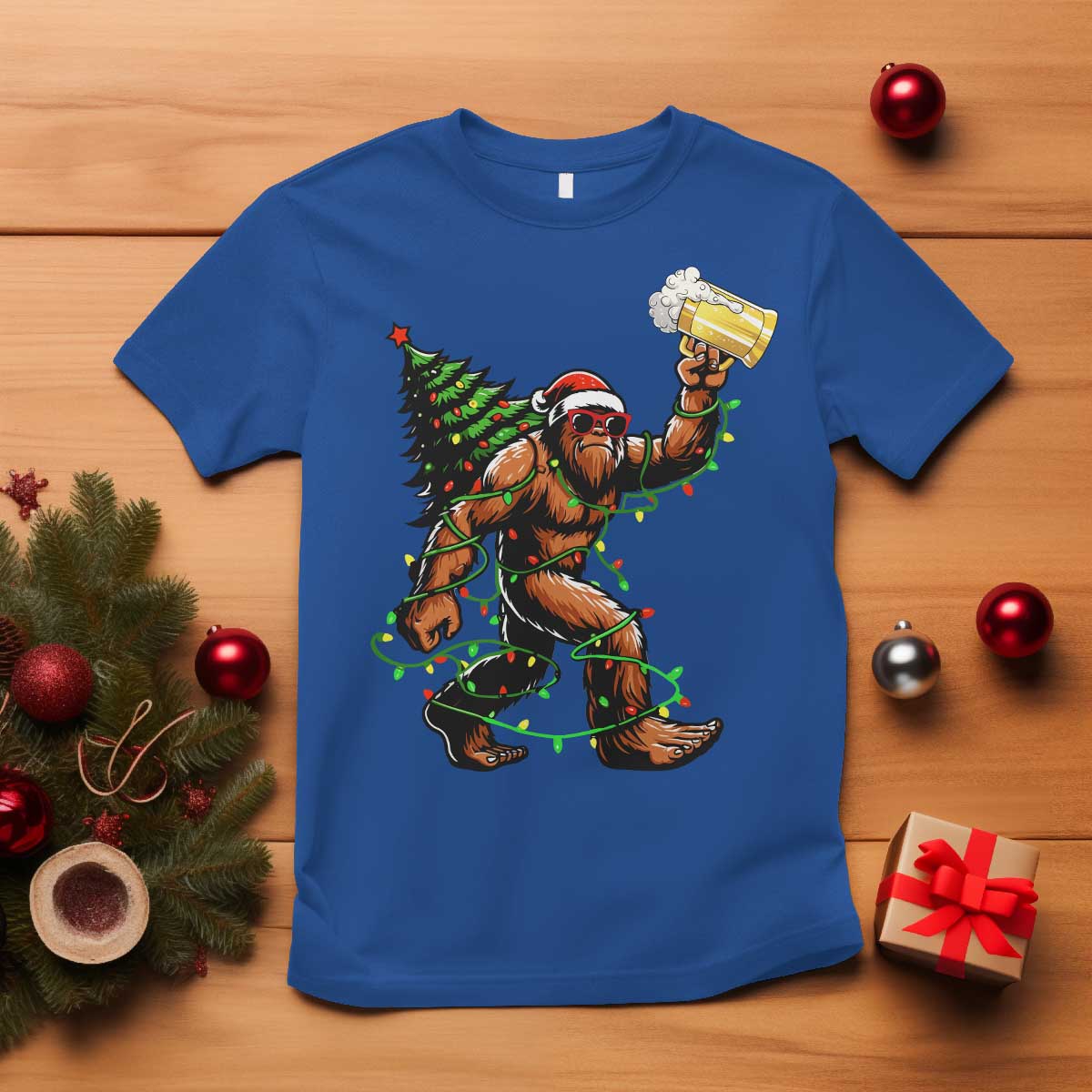 Santa Bigfoot Christmas Tree T Shirt Xmas Lights Funny Sasquatch Beer TS10 Royal Blue Print Your Wear