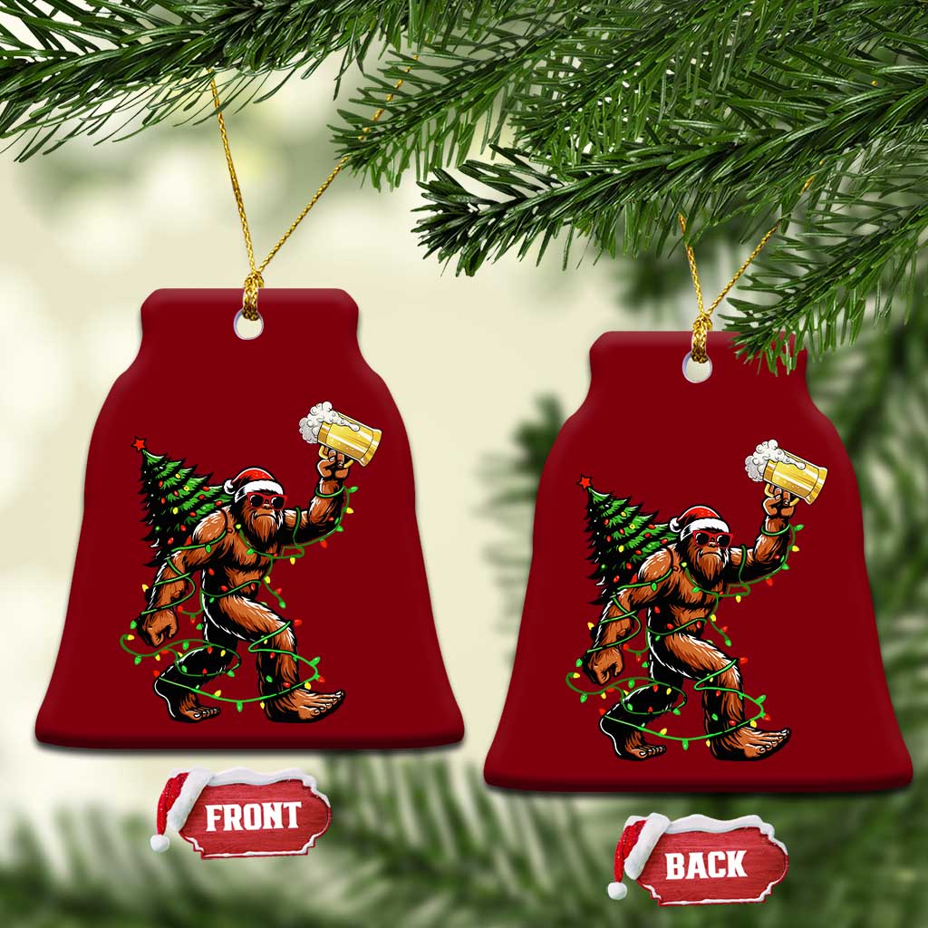 Santa Bigfoot Christmas Tree Ceramic Ornament Xmas Lights Funny Sasquatch Beer - Print Your Wear