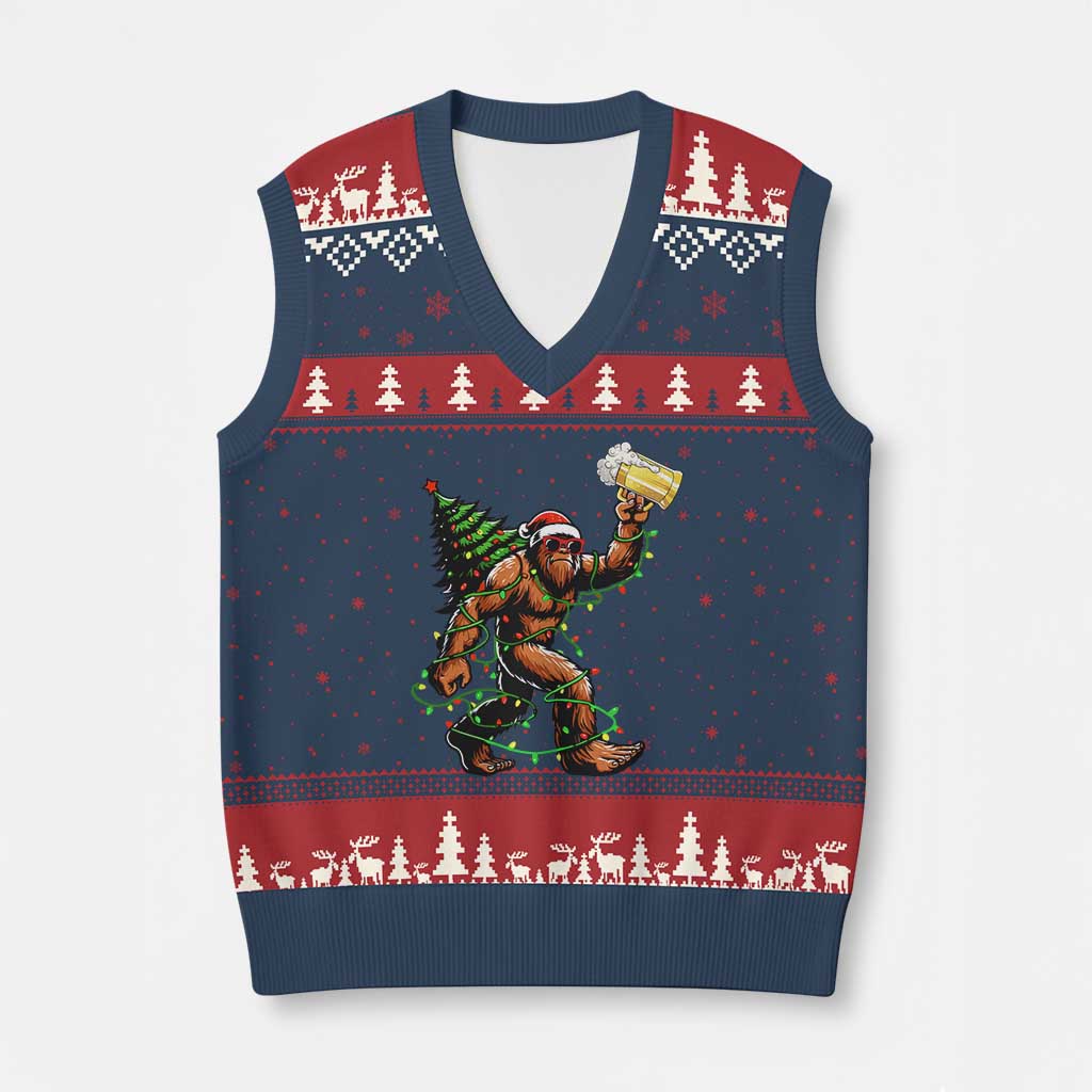Santa Bigfoot Xmas Tree V-Neck Knit Sweater Vest Xmas Lights Funny Sasquatch Beer TS10 Navy Red Print Your Wear