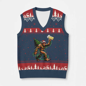 Santa Bigfoot Xmas Tree V-Neck Knit Sweater Vest Xmas Lights Funny Sasquatch Beer TS10 Navy Red Print Your Wear