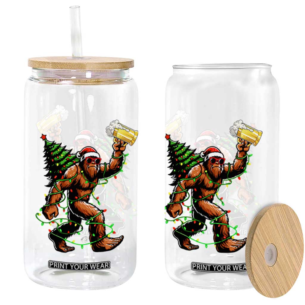 Santa Bigfoot Christmas Tree Glass Can Xmas Lights Funny Sasquatch Beer TS10 Print Your Wear
