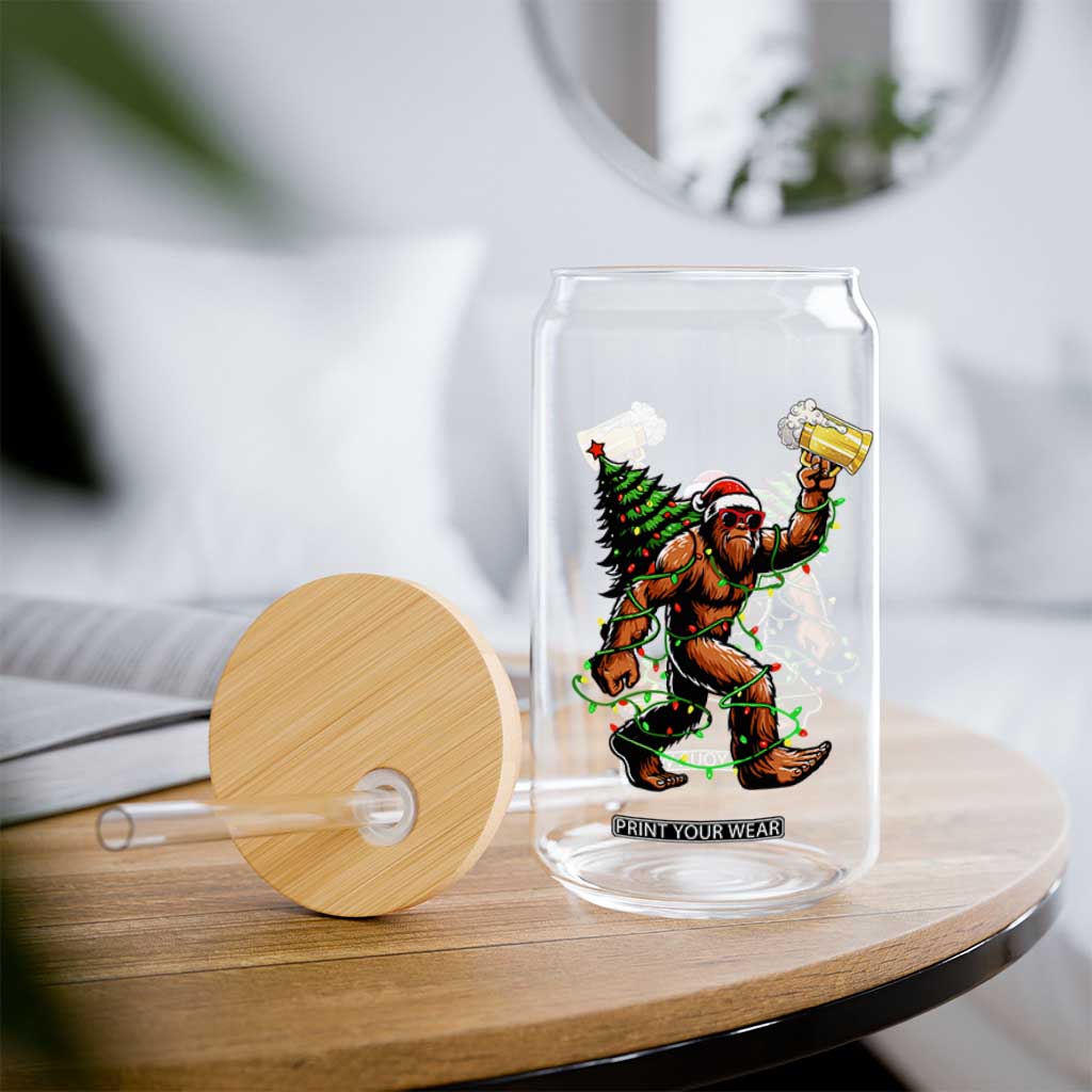 Santa Bigfoot Christmas Tree Glass Can Xmas Lights Funny Sasquatch Beer TS10 Print Your Wear