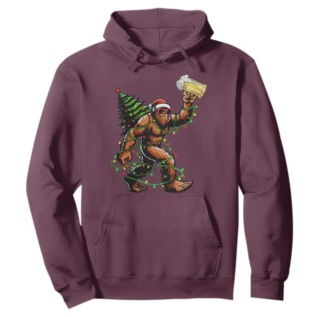 Santa Bigfoot Christmas Tree Hoodie Xmas Lights Funny Sasquatch Beer TS10 Maroon Print Your Wear