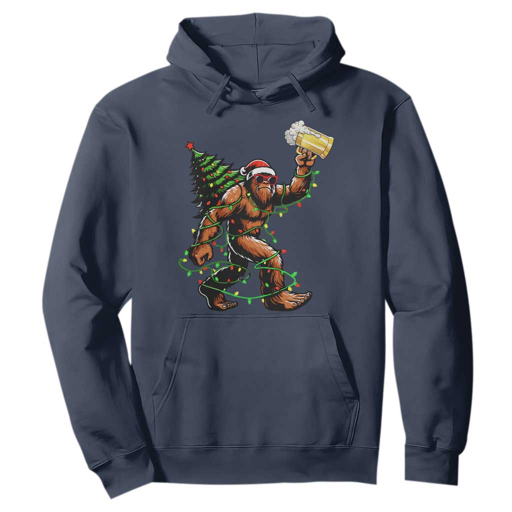 Santa Bigfoot Christmas Tree Hoodie Xmas Lights Funny Sasquatch Beer TS10 Navy Print Your Wear