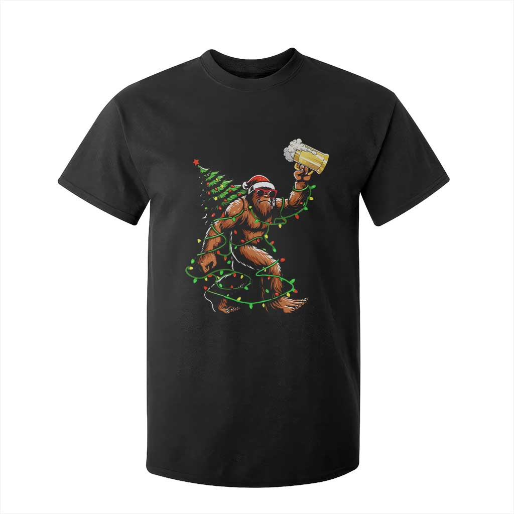 Santa Bigfoot Christmas Tree T Shirt For Kid Xmas Lights Funny Sasquatch Beer TS10 Black Print Your Wear
