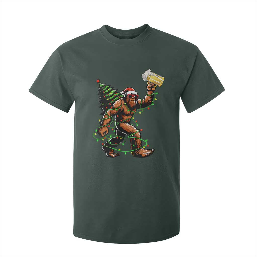 Santa Bigfoot Christmas Tree T Shirt For Kid Xmas Lights Funny Sasquatch Beer TS10 Dark Forest Green Print Your Wear