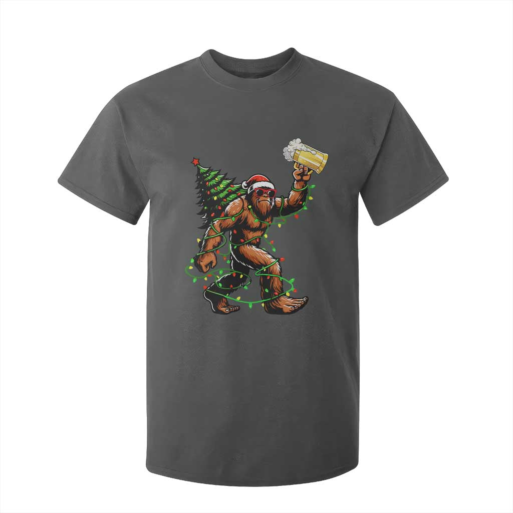 Santa Bigfoot Christmas Tree T Shirt For Kid Xmas Lights Funny Sasquatch Beer TS10 Dark Heather Print Your Wear
