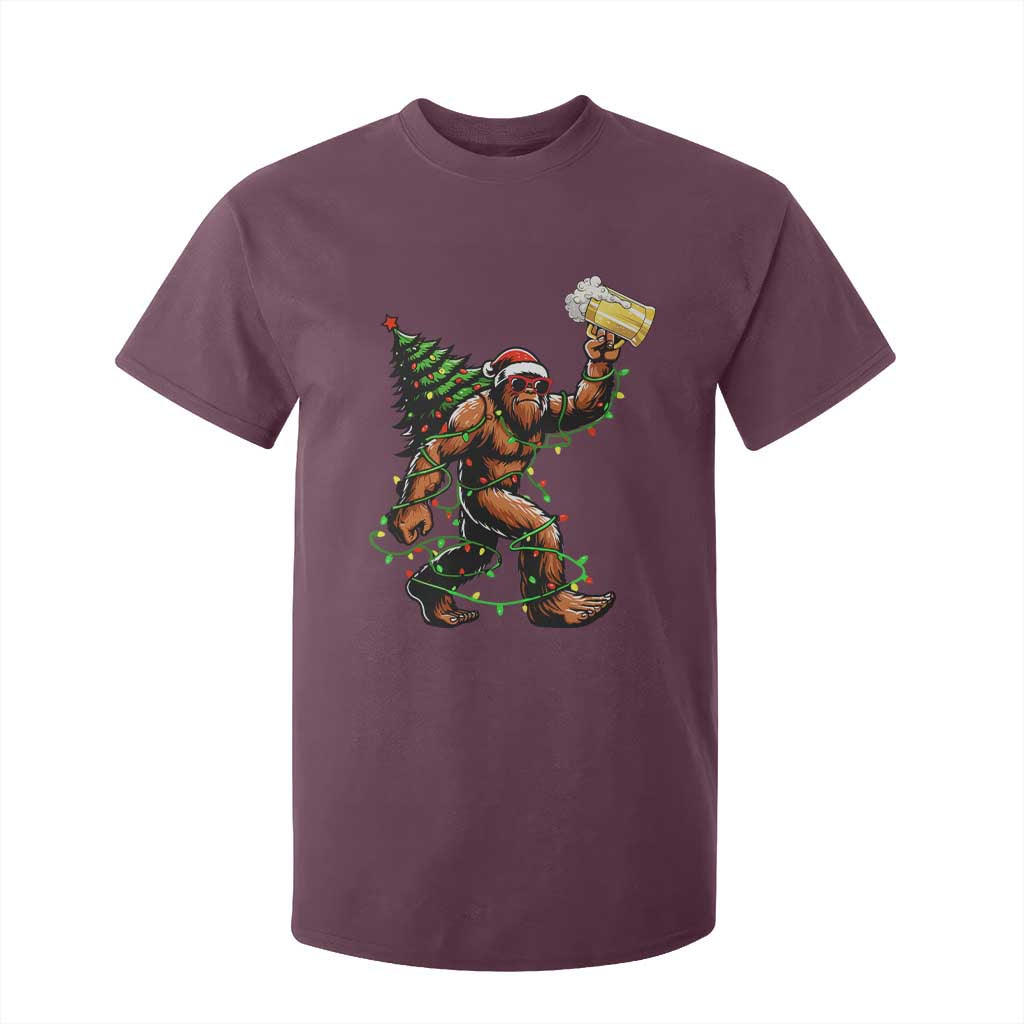 Santa Bigfoot Christmas Tree T Shirt For Kid Xmas Lights Funny Sasquatch Beer TS10 Maroon Print Your Wear