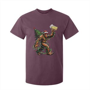 Santa Bigfoot Christmas Tree T Shirt For Kid Xmas Lights Funny Sasquatch Beer TS10 Maroon Print Your Wear