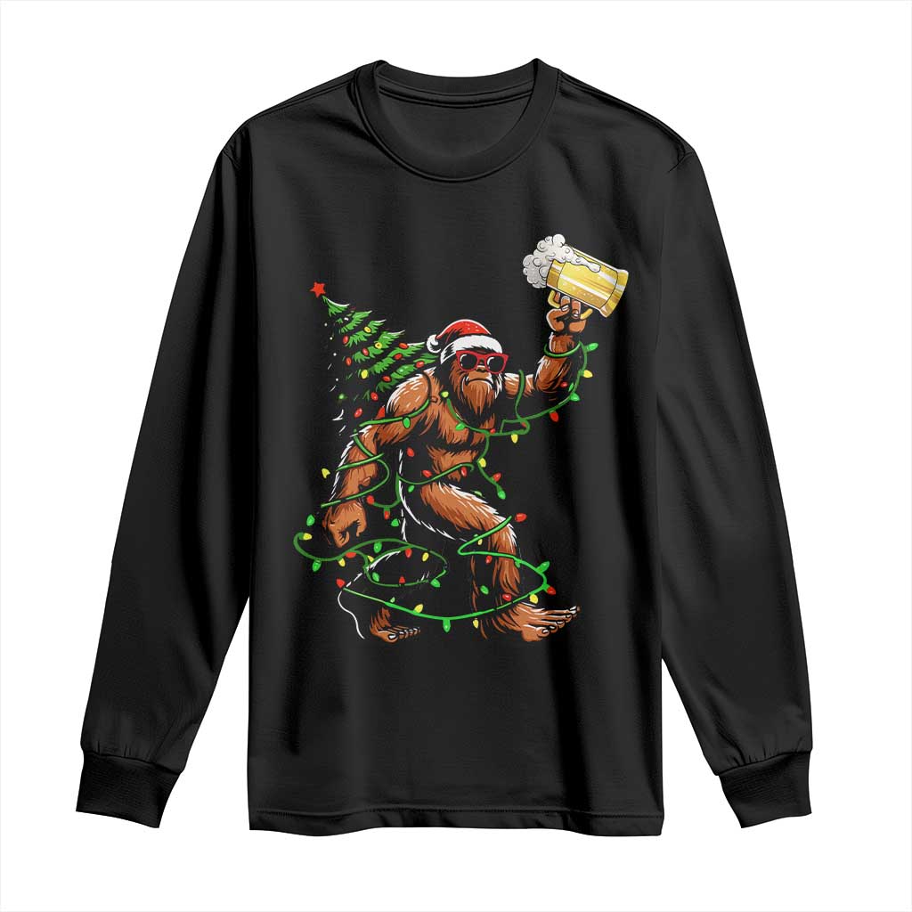Santa Bigfoot Christmas Tree Long Sleeve Shirt Xmas Lights Funny Sasquatch Beer TS10 Black Print Your Wear