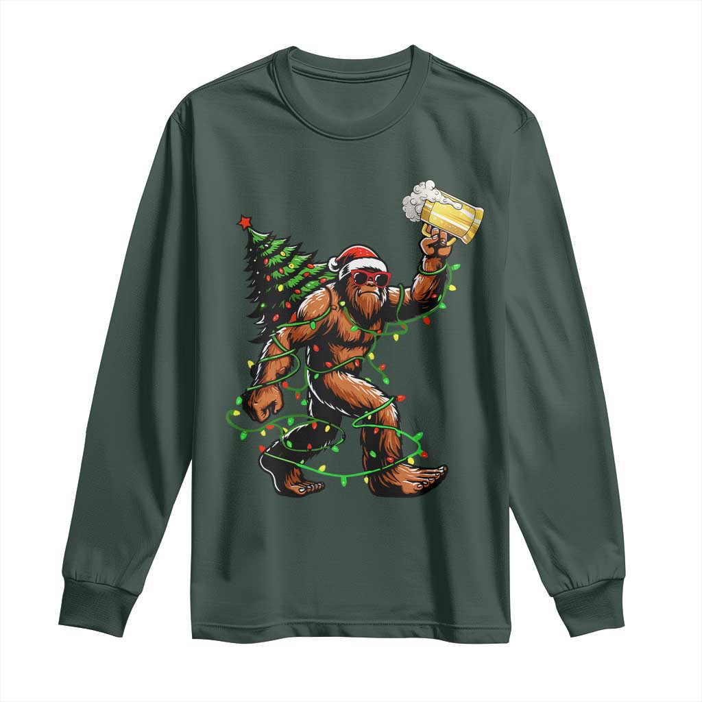 Santa Bigfoot Christmas Tree Long Sleeve Shirt Xmas Lights Funny Sasquatch Beer TS10 Dark Forest Green Print Your Wear