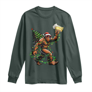 Santa Bigfoot Christmas Tree Long Sleeve Shirt Xmas Lights Funny Sasquatch Beer TS10 Dark Forest Green Print Your Wear