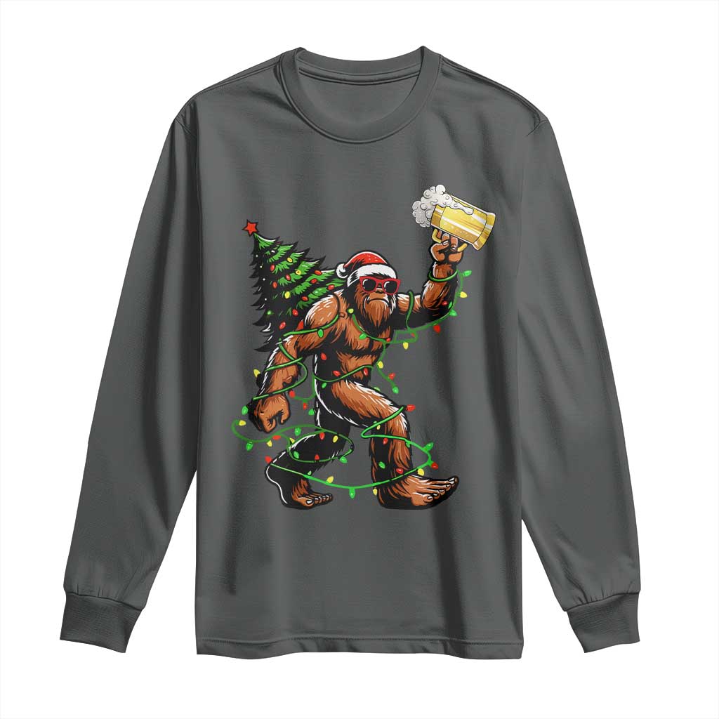 Santa Bigfoot Christmas Tree Long Sleeve Shirt Xmas Lights Funny Sasquatch Beer TS10 Dark Heather Print Your Wear