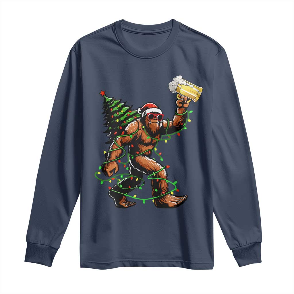 Santa Bigfoot Christmas Tree Long Sleeve Shirt Xmas Lights Funny Sasquatch Beer TS10 Navy Print Your Wear