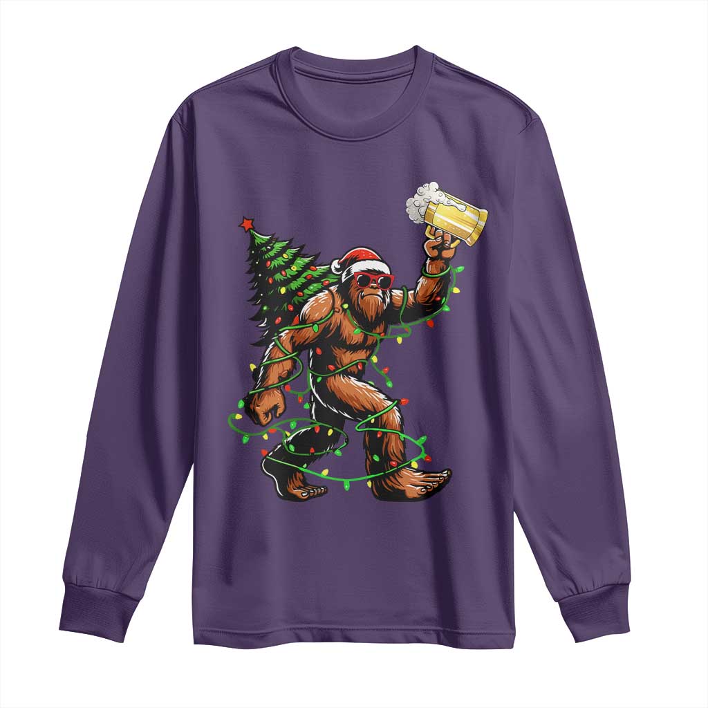 Santa Bigfoot Christmas Tree Long Sleeve Shirt Xmas Lights Funny Sasquatch Beer TS10 Purple Print Your Wear