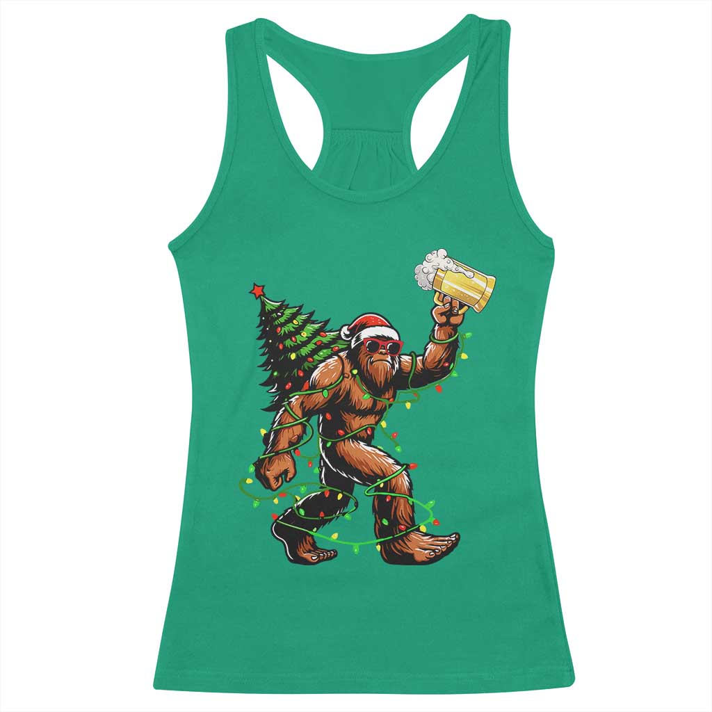 Santa Bigfoot Christmas Tree Racerback Tank Top Xmas Lights Funny Sasquatch Beer - Print Your Wear