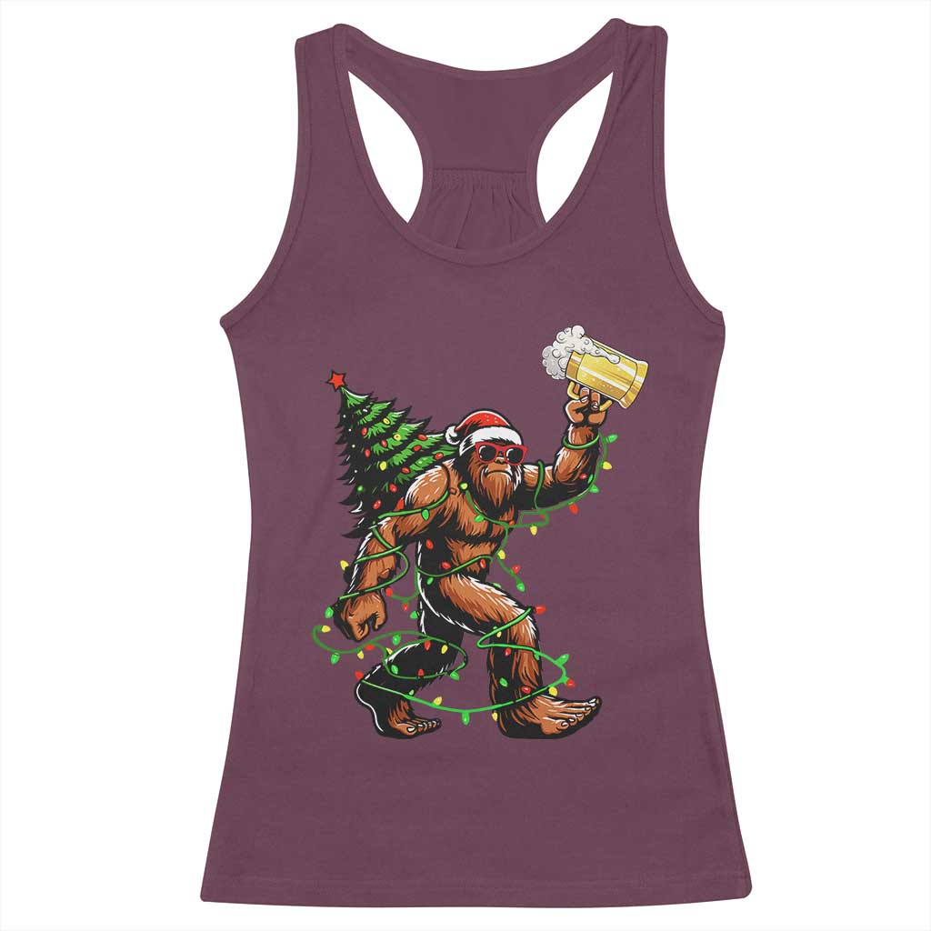 Santa Bigfoot Christmas Tree Racerback Tank Top Xmas Lights Funny Sasquatch Beer - Print Your Wear