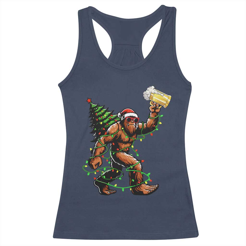 Santa Bigfoot Christmas Tree Racerback Tank Top Xmas Lights Funny Sasquatch Beer - Print Your Wear