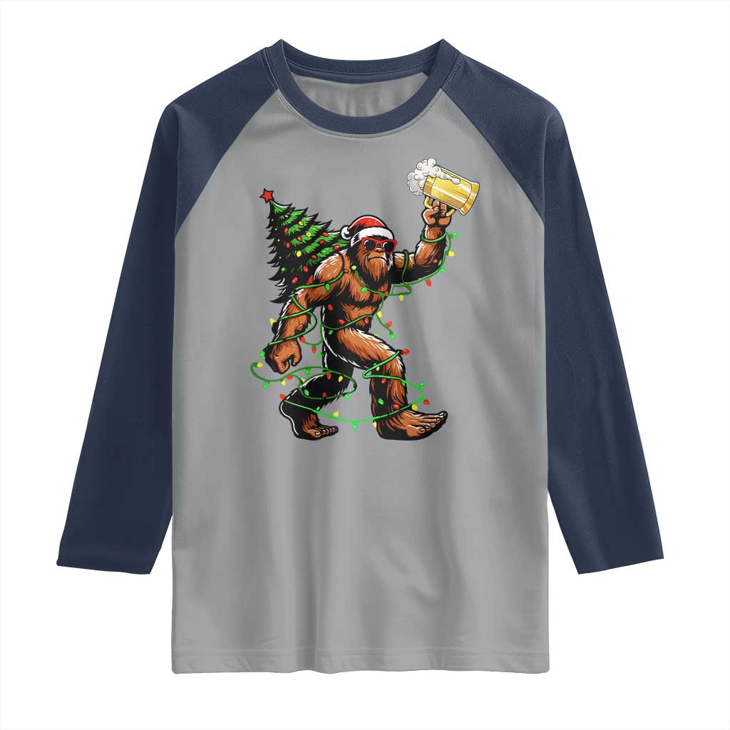 Santa Bigfoot Christmas Tree Raglan Shirt Xmas Lights Funny Sasquatch Beer TS10 Sport Gray Navy Print Your Wear