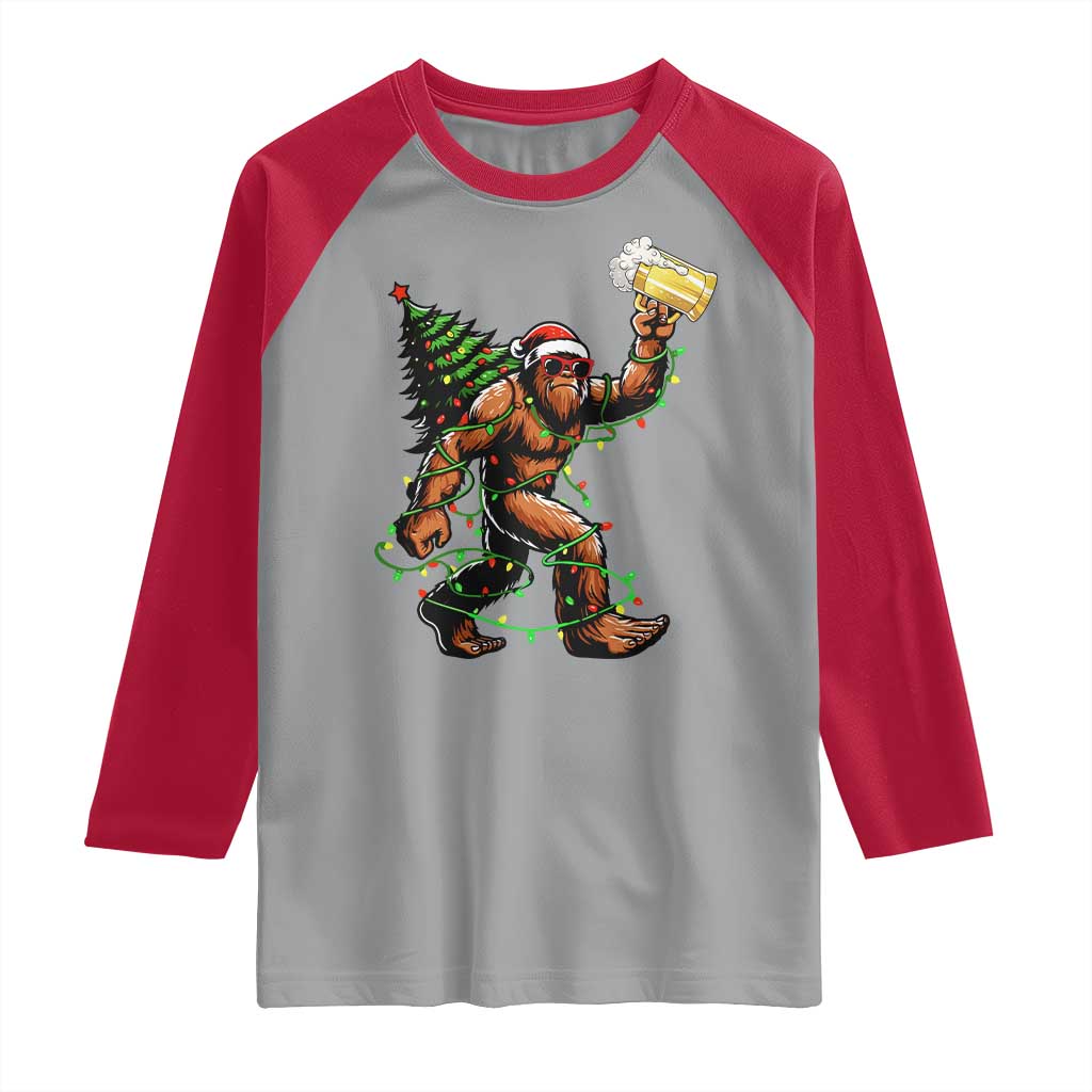 Santa Bigfoot Christmas Tree Raglan Shirt Xmas Lights Funny Sasquatch Beer TS10 Sport Gray Red Print Your Wear