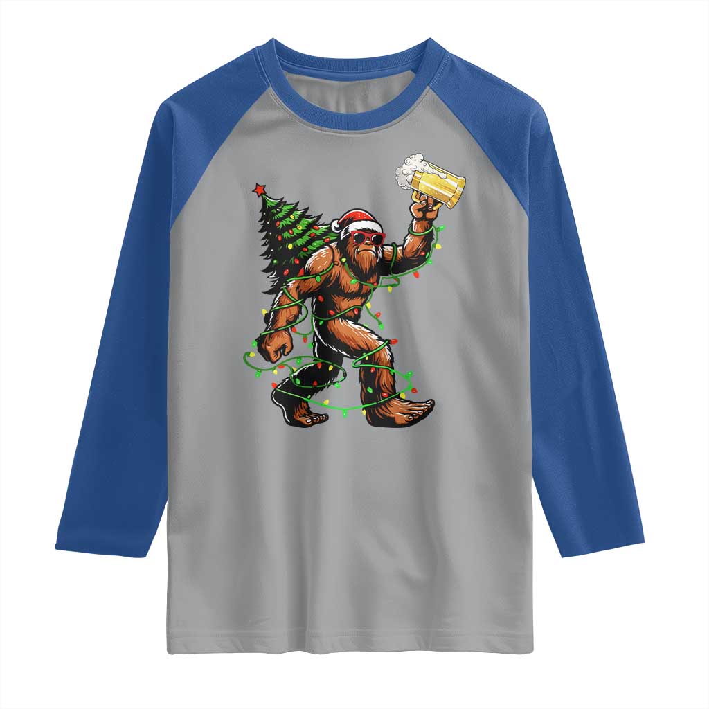Santa Bigfoot Christmas Tree Raglan Shirt Xmas Lights Funny Sasquatch Beer TS10 Sport Gray Royal Print Your Wear