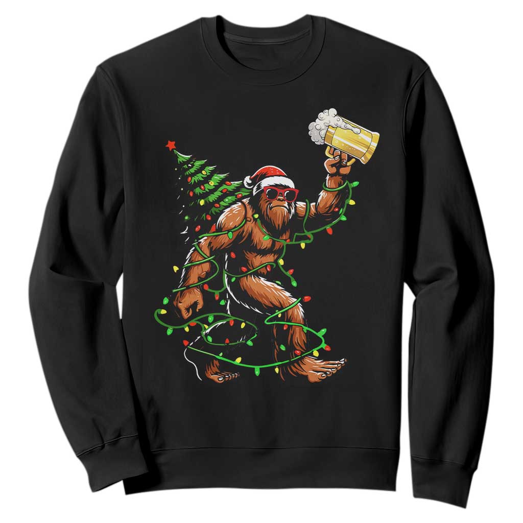Santa Bigfoot Christmas Tree Sweatshirt Xmas Lights Funny Sasquatch Beer TS10 Black Print Your Wear