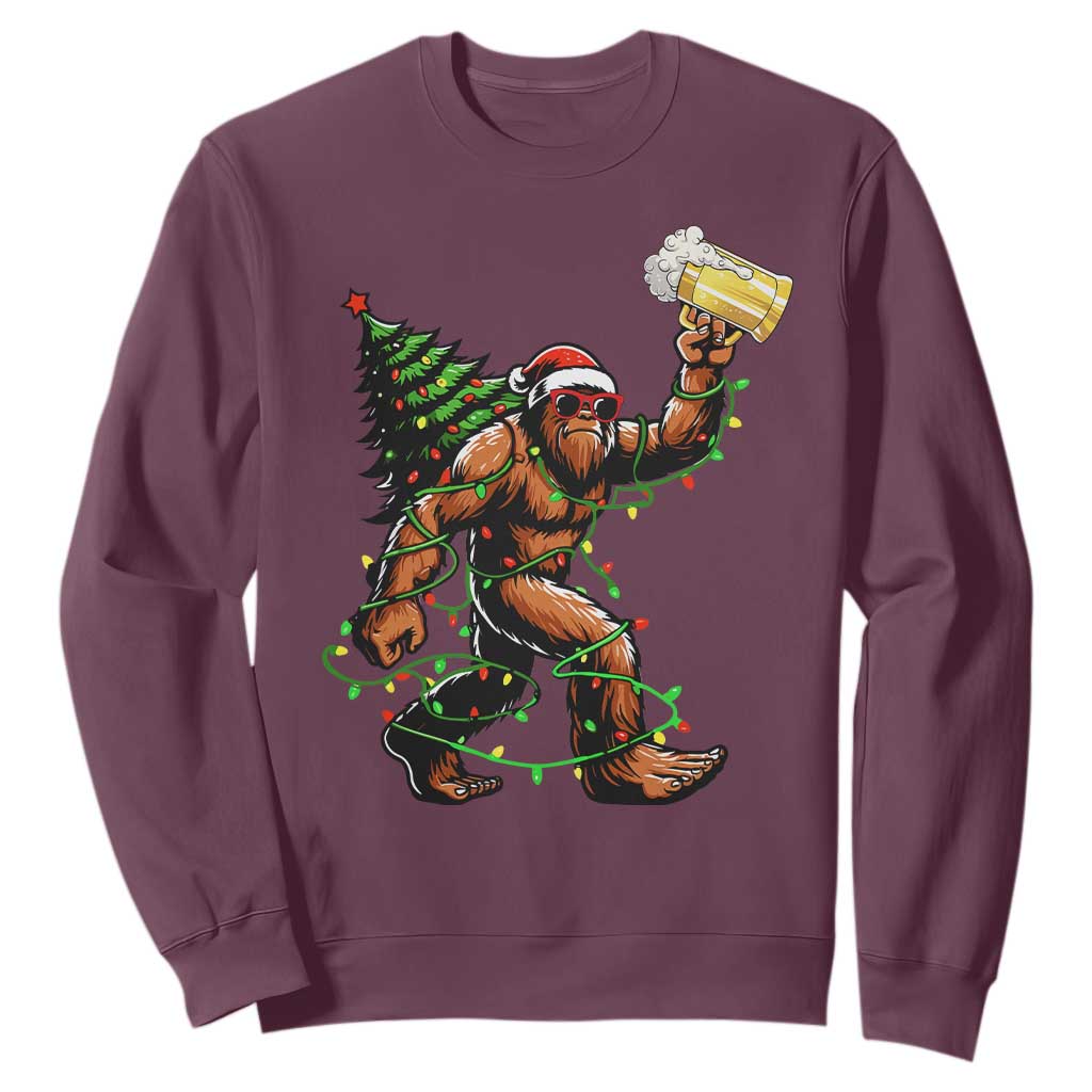 Santa Bigfoot Christmas Tree Sweatshirt Xmas Lights Funny Sasquatch Beer TS10 Maroon Print Your Wear
