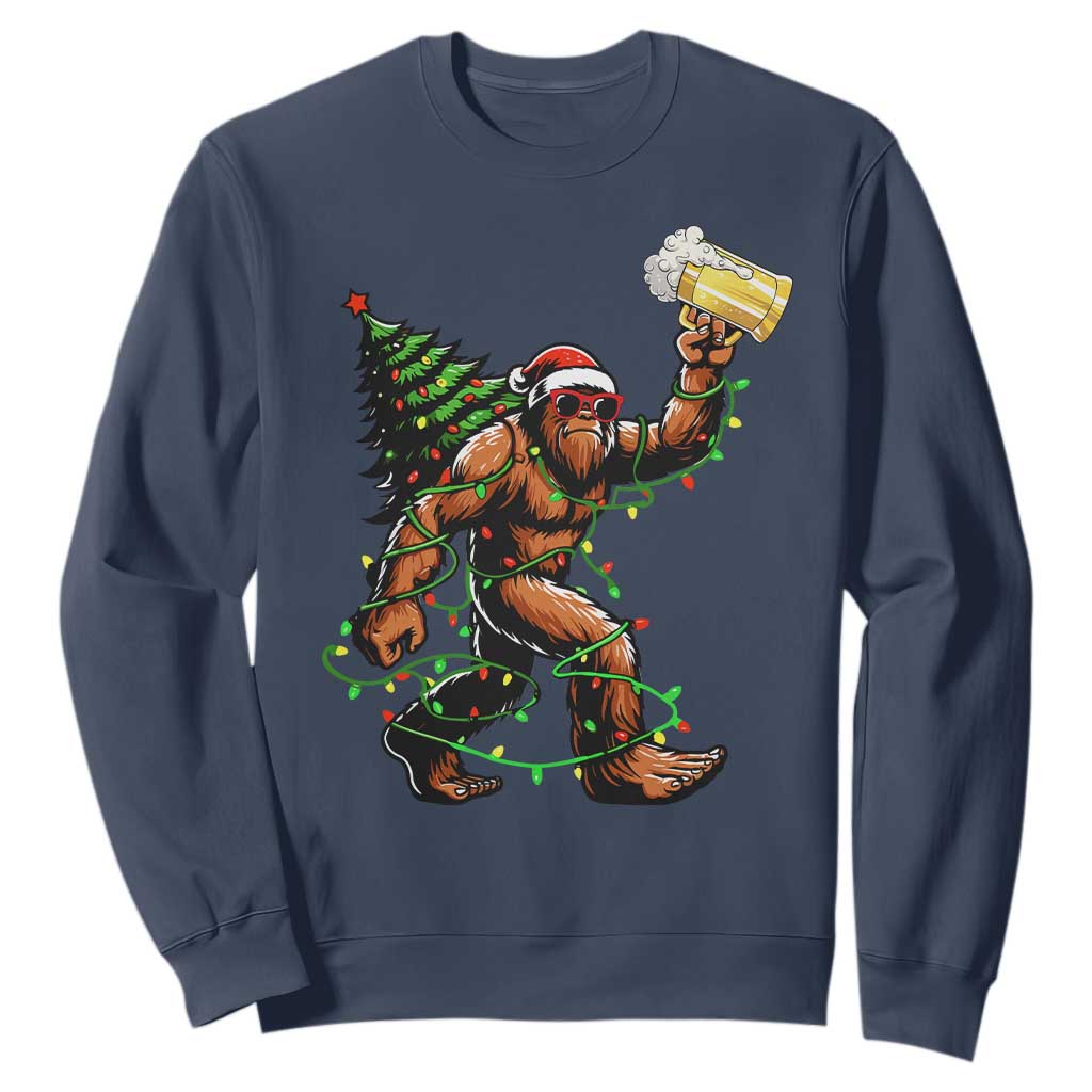 Santa Bigfoot Christmas Tree Sweatshirt Xmas Lights Funny Sasquatch Beer TS10 Navy Print Your Wear
