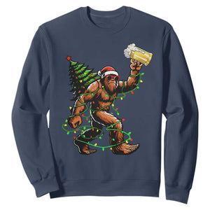 Santa Bigfoot Christmas Tree Sweatshirt Xmas Lights Funny Sasquatch Beer TS10 Navy Print Your Wear
