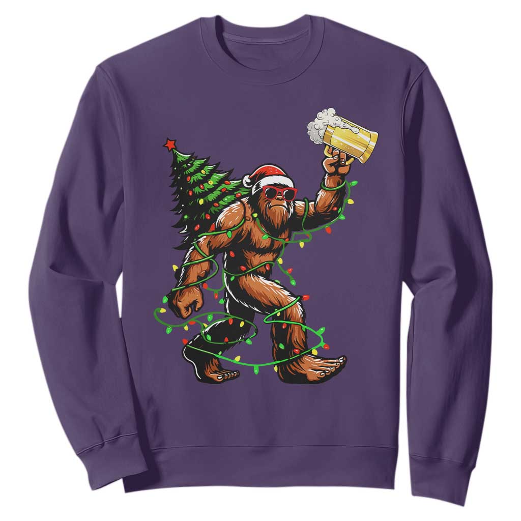 Santa Bigfoot Christmas Tree Sweatshirt Xmas Lights Funny Sasquatch Beer TS10 Purple Print Your Wear