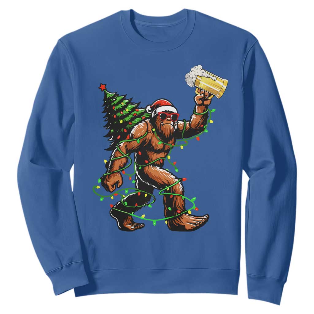 Santa Bigfoot Christmas Tree Sweatshirt Xmas Lights Funny Sasquatch Beer TS10 Royal Blue Print Your Wear
