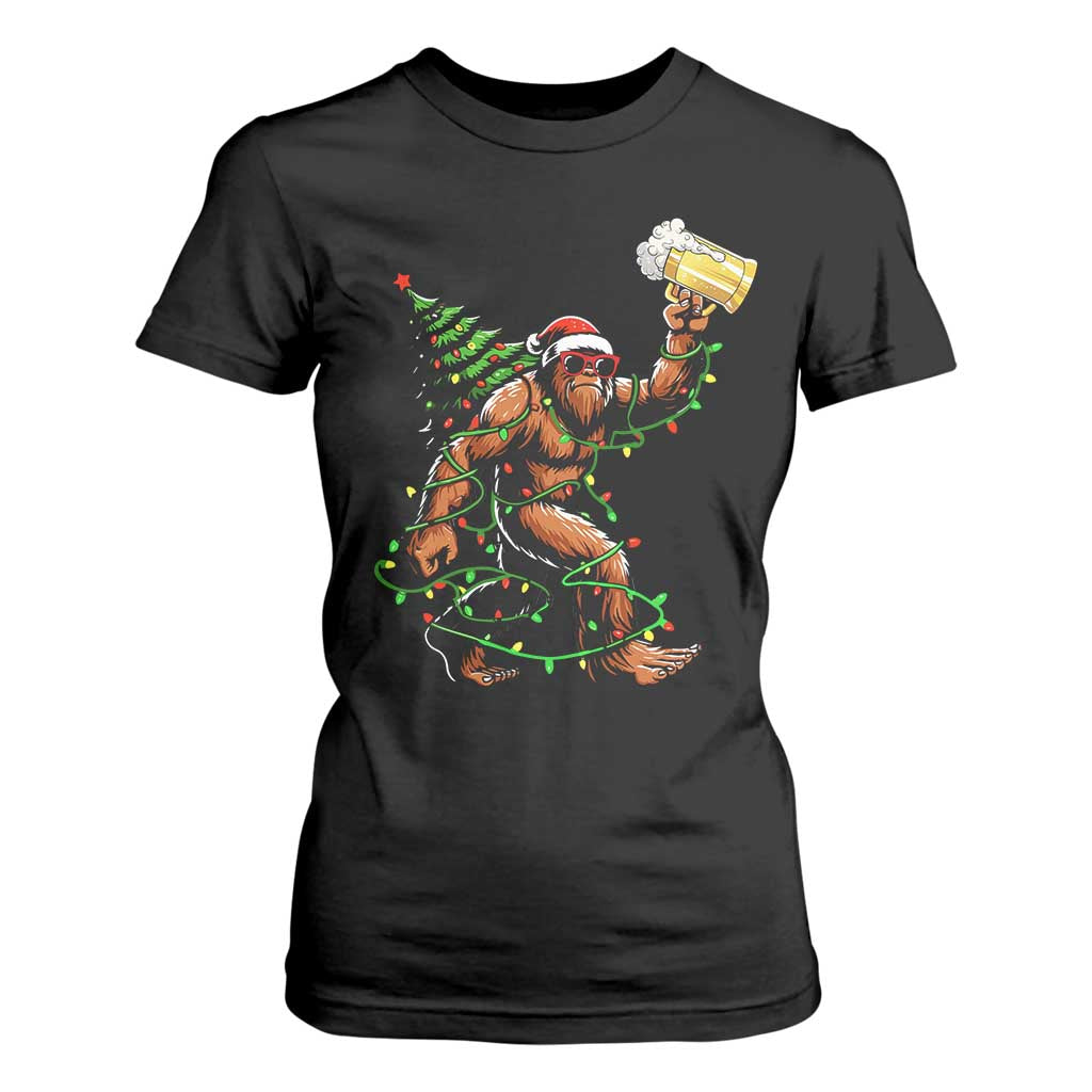 Santa Bigfoot Christmas Tree T Shirt For Women Xmas Lights Funny Sasquatch Beer - Print Your Wear