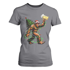 Santa Bigfoot Christmas Tree T Shirt For Women Xmas Lights Funny Sasquatch Beer - Print Your Wear