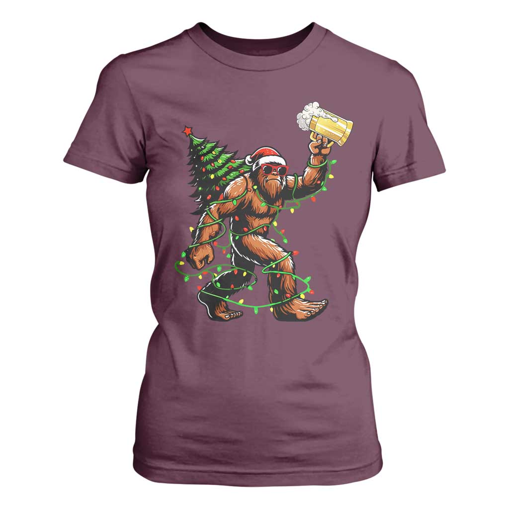Santa Bigfoot Christmas Tree T Shirt For Women Xmas Lights Funny Sasquatch Beer - Print Your Wear
