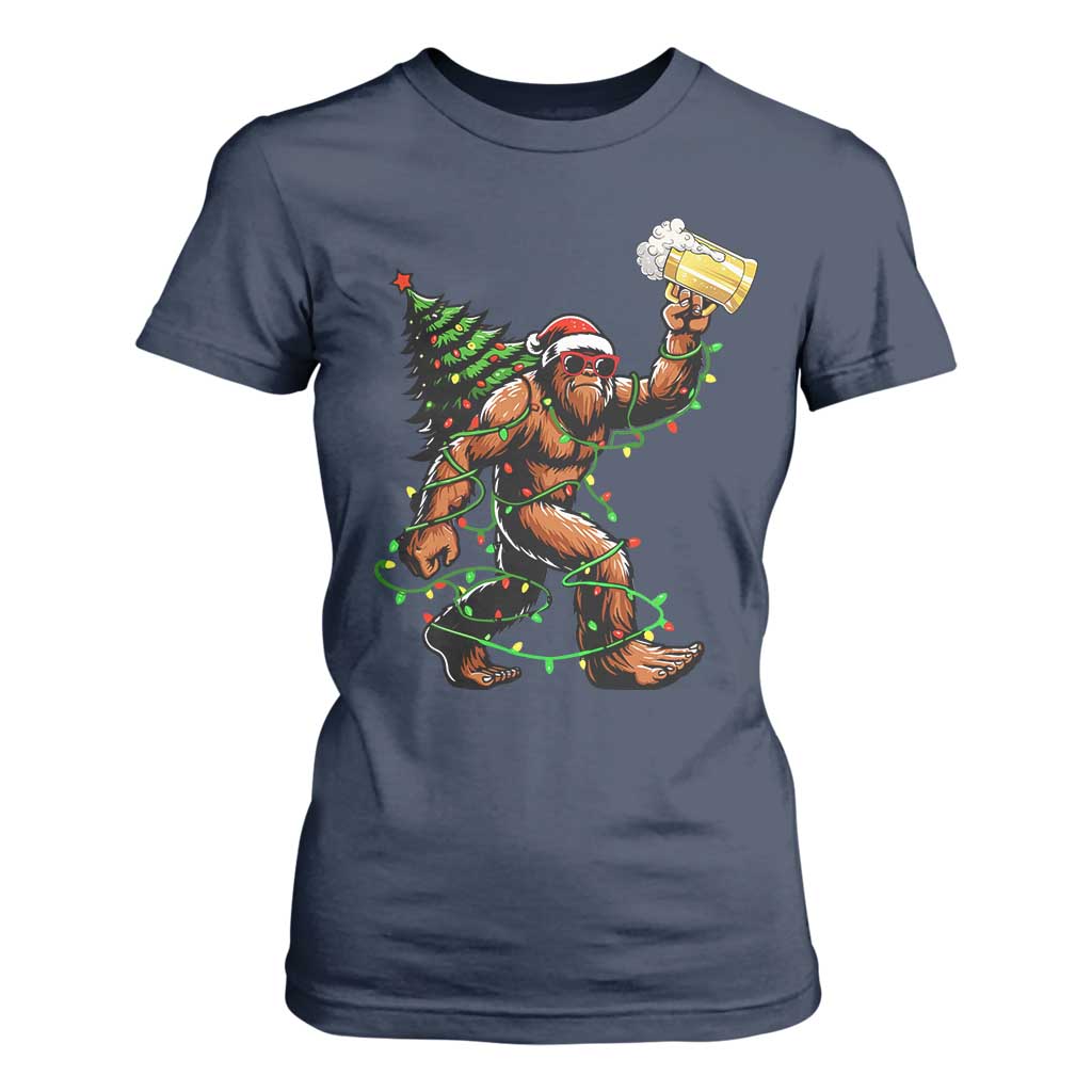 Santa Bigfoot Christmas Tree T Shirt For Women Xmas Lights Funny Sasquatch Beer - Print Your Wear