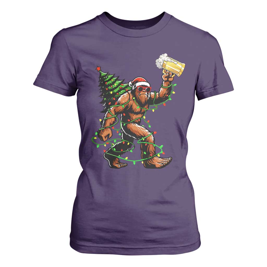 Santa Bigfoot Christmas Tree T Shirt For Women Xmas Lights Funny Sasquatch Beer - Print Your Wear