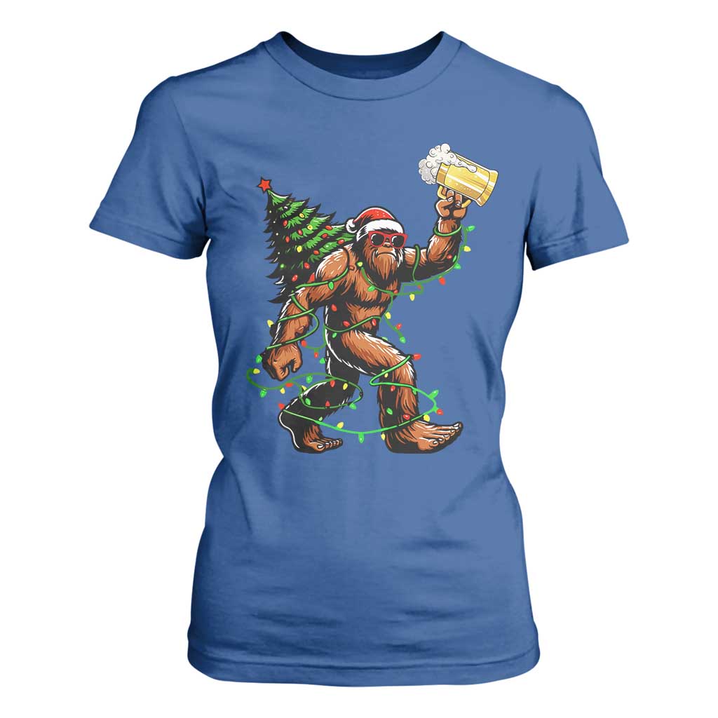 Santa Bigfoot Christmas Tree T Shirt For Women Xmas Lights Funny Sasquatch Beer - Print Your Wear