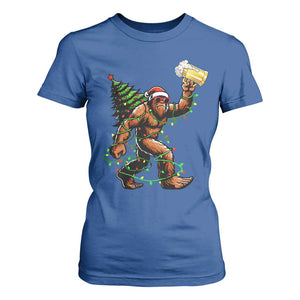 Santa Bigfoot Christmas Tree T Shirt For Women Xmas Lights Funny Sasquatch Beer - Print Your Wear