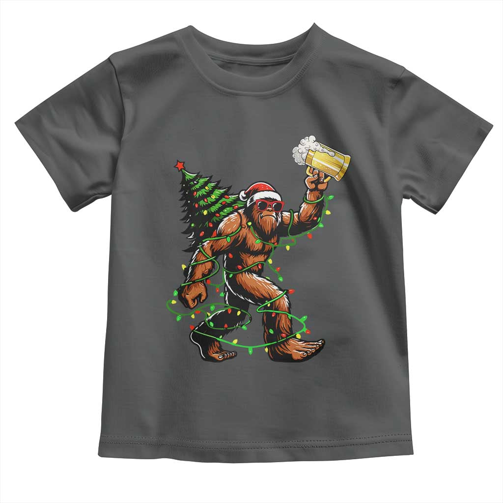 Santa Bigfoot Christmas Tree Toddler T Shirt Xmas Lights Funny Sasquatch Beer TS10 Dark Heather Print Your Wear