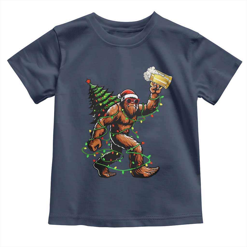 Santa Bigfoot Christmas Tree Toddler T Shirt Xmas Lights Funny Sasquatch Beer TS10 Navy Print Your Wear