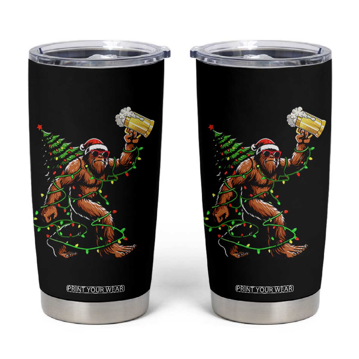 Santa Bigfoot Christmas Tree Tumbler Cup Xmas Lights Funny Sasquatch Beer TS10 Black Print Your Wear
