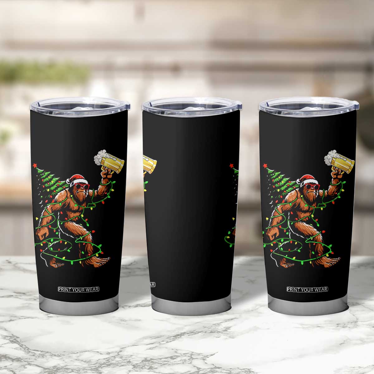Santa Bigfoot Christmas Tree Tumbler Cup Xmas Lights Funny Sasquatch Beer TS10 Print Your Wear