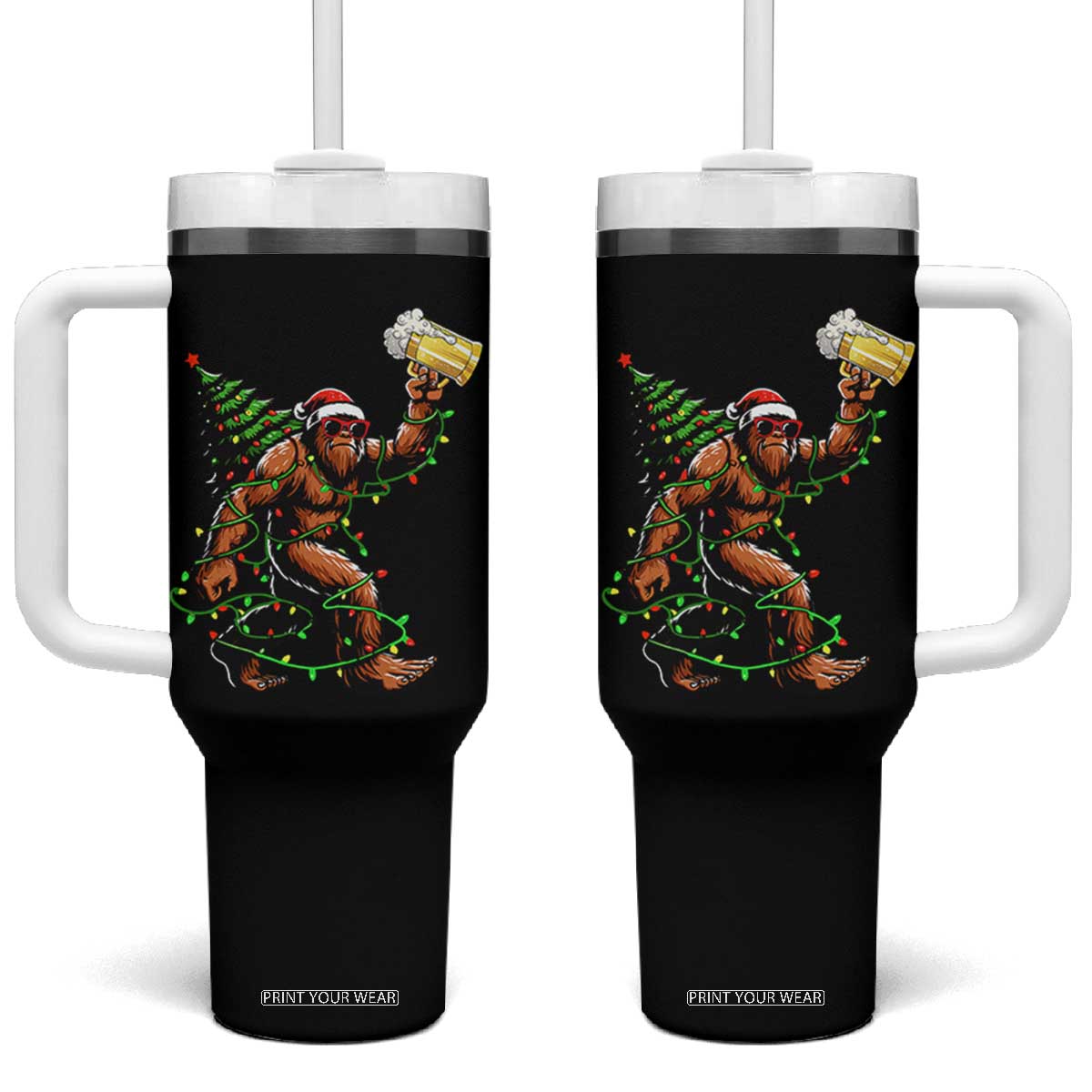 Santa Bigfoot Christmas Tree Tumbler With Handle Xmas Lights Funny Sasquatch Beer TS10 One Size: 40 oz Black Print Your Wear